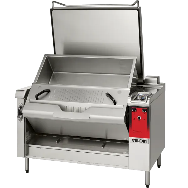 Vulcan programmable braising pan tilted with strainer