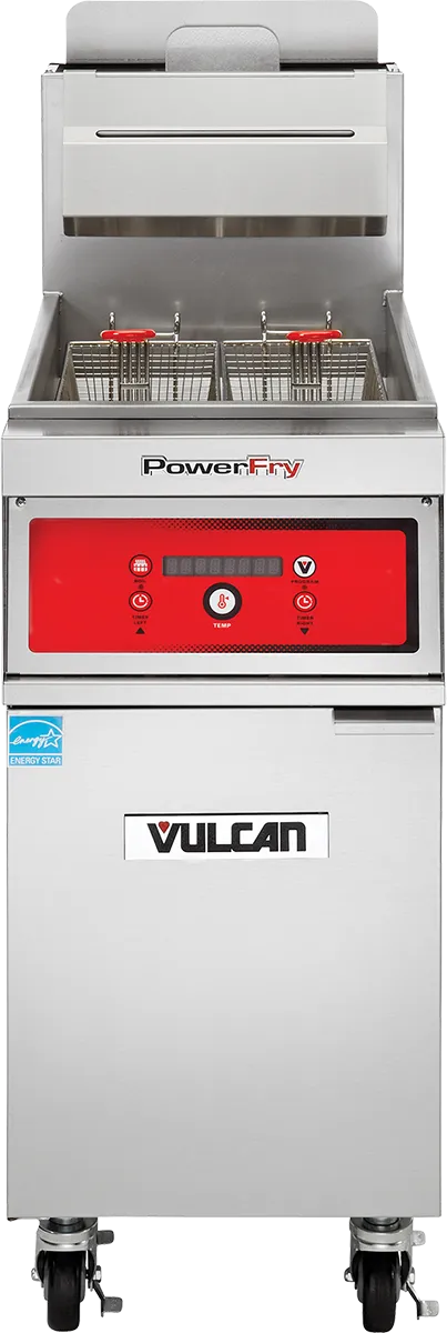 Vulcan PowerFry3 single gas fryer unit front view with digital controls and twin fry baskets