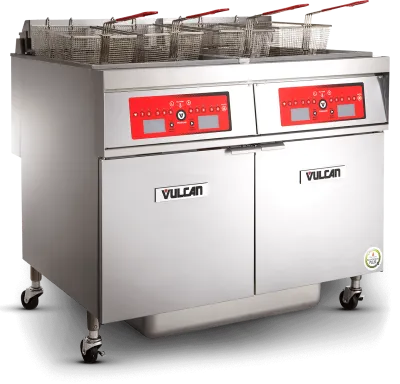 Vulcan 2TR45AF 2-unit PowerFry3 gas floor fryer system with dual control panels and four fry baskets
