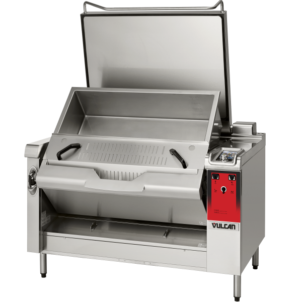 Vulcan programmable braising pan tilted with strainer