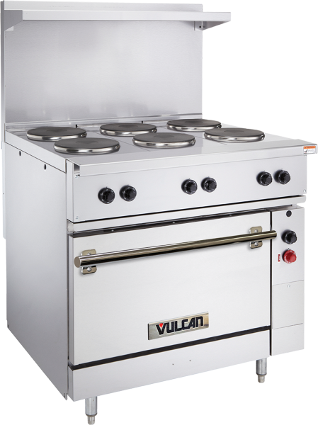 Vulcan EV36S-6FP Range, Oven Restaurant, Electric, French Plates Range Quarter Left View